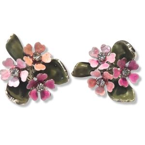 Coro Vintage pink and green enamel with rhinestone accent screw back earrings.